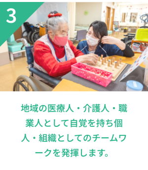 3 地域の医療人・介護人・職業人として自覚を持ち個人・組織としてのチームワークを発揮します。